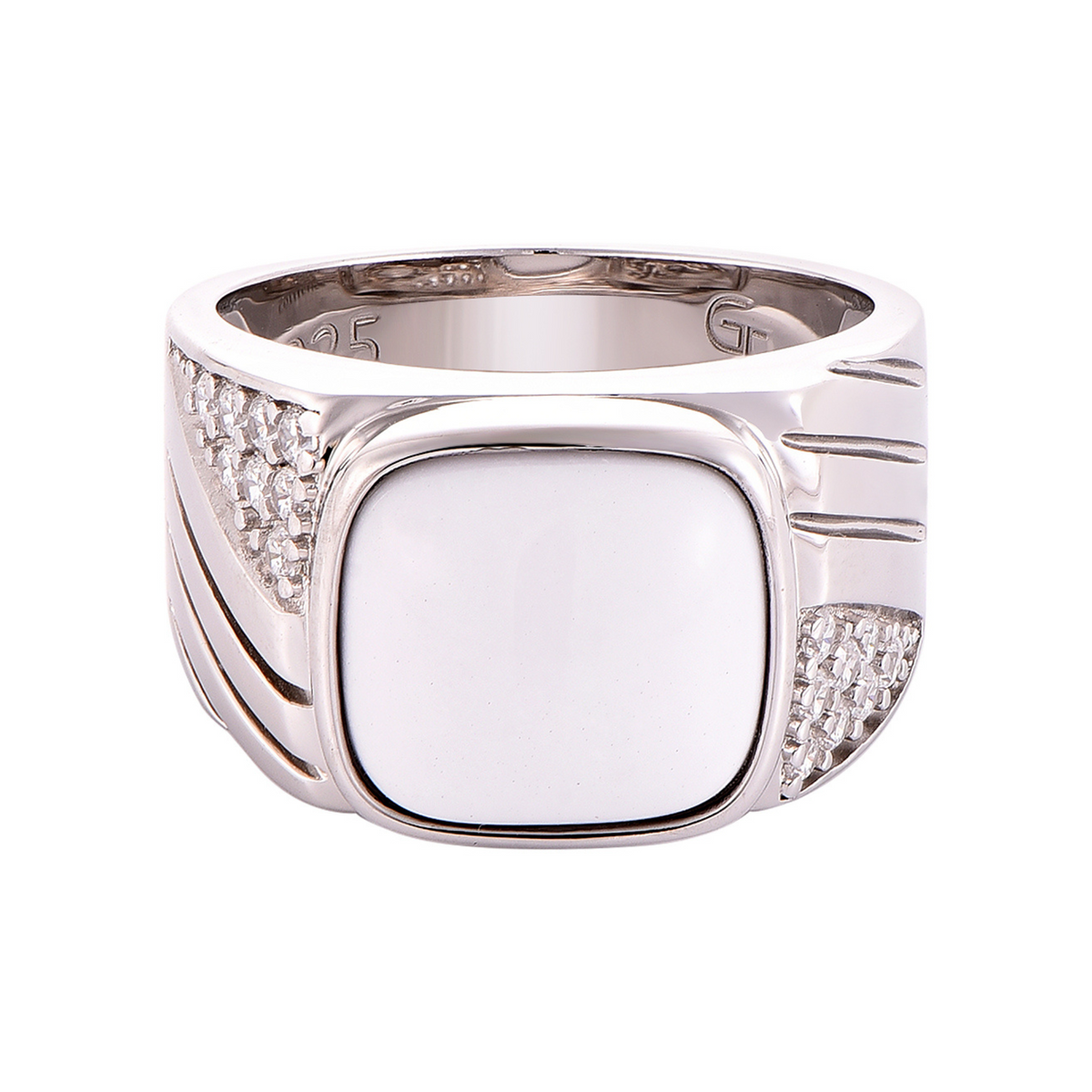 Sterling silver ring with white Howlite square bezel and sparkling pave side detail