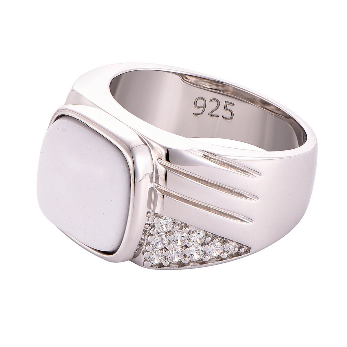Sterling silver ring with 925 marking, white Howlite oval, and sparkling pave inlay