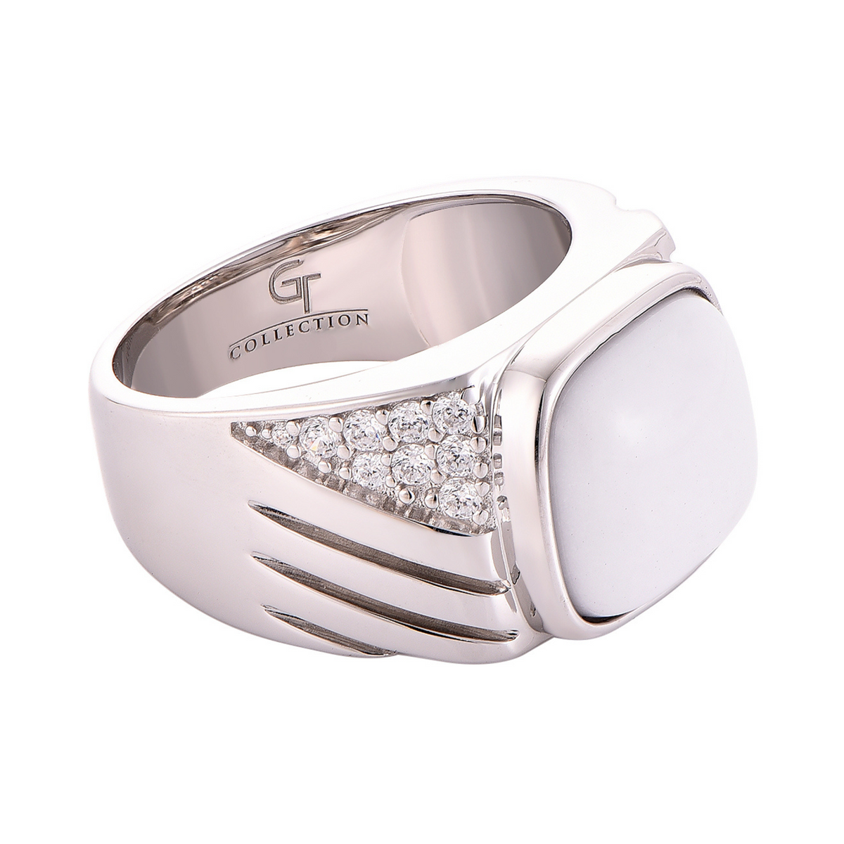 Sterling silver ring with white Howlite oval, 'G collection' inside, and engraved grooves