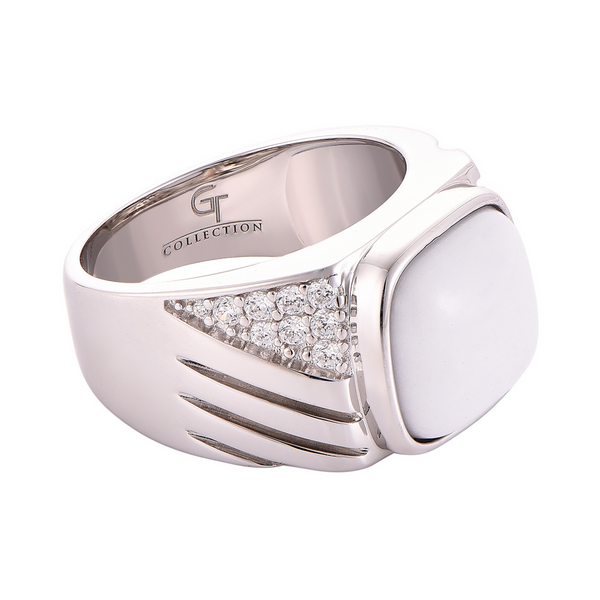 Sterling silver ring with white Howlite oval, 'G collection' inside, and engraved grooves