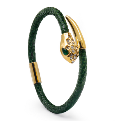 Zapestnica s kačjo glavo - zeleno usnje s cirkonskim diamantom