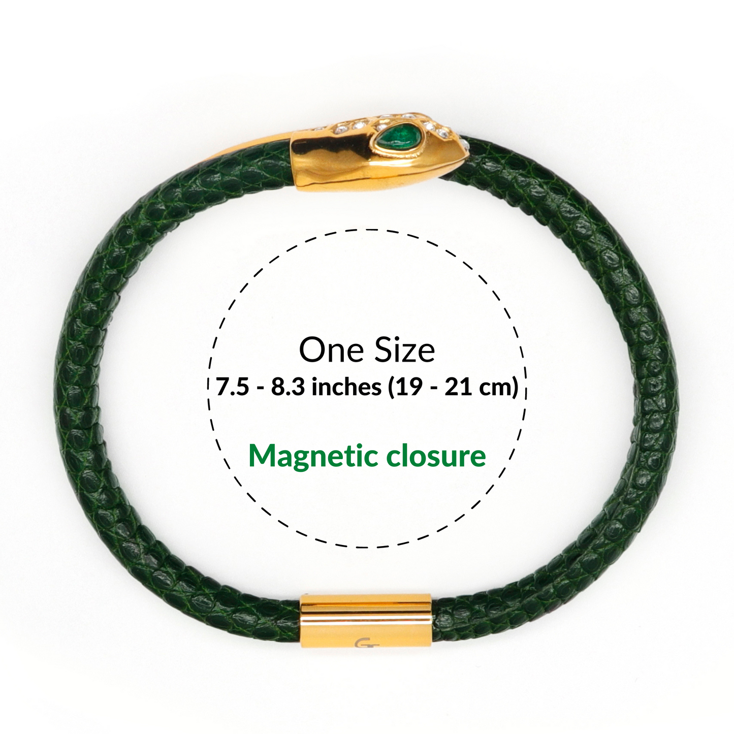 Bracelet Tête de Serpent - Cuir Vert avec Diamant Zircon