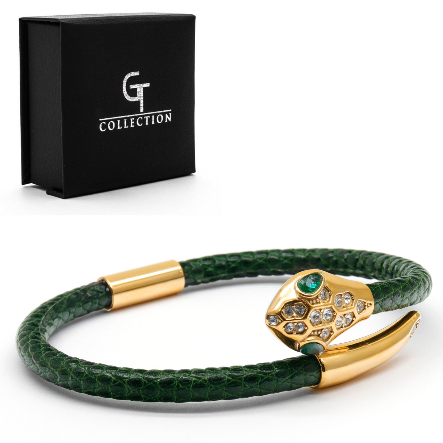 Schlangenkopf-Armband – grünes Leder mit Zirkon-Diamant