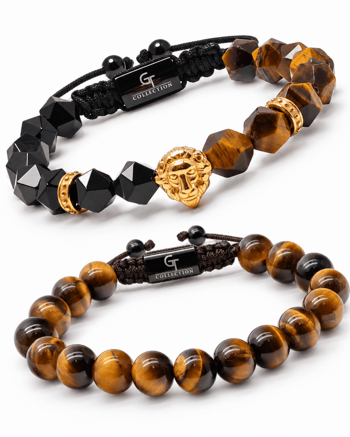 2-piece bracelet set: black bead and tiger-eye bead stacks with gold lion charms Imagen principal del producto