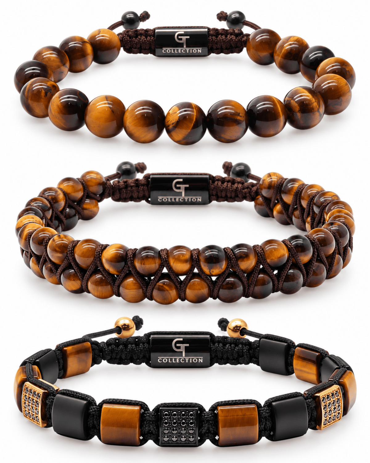 Tiger eye 3-piece bracelet set with black macrame and dark bead accents Imagen principal del producto