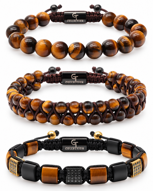 Tiger eye 3-piece bracelet set with black macrame and dark bead accents