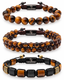 Tiger eye 3-piece bracelet set with black macrame and dark bead accents
