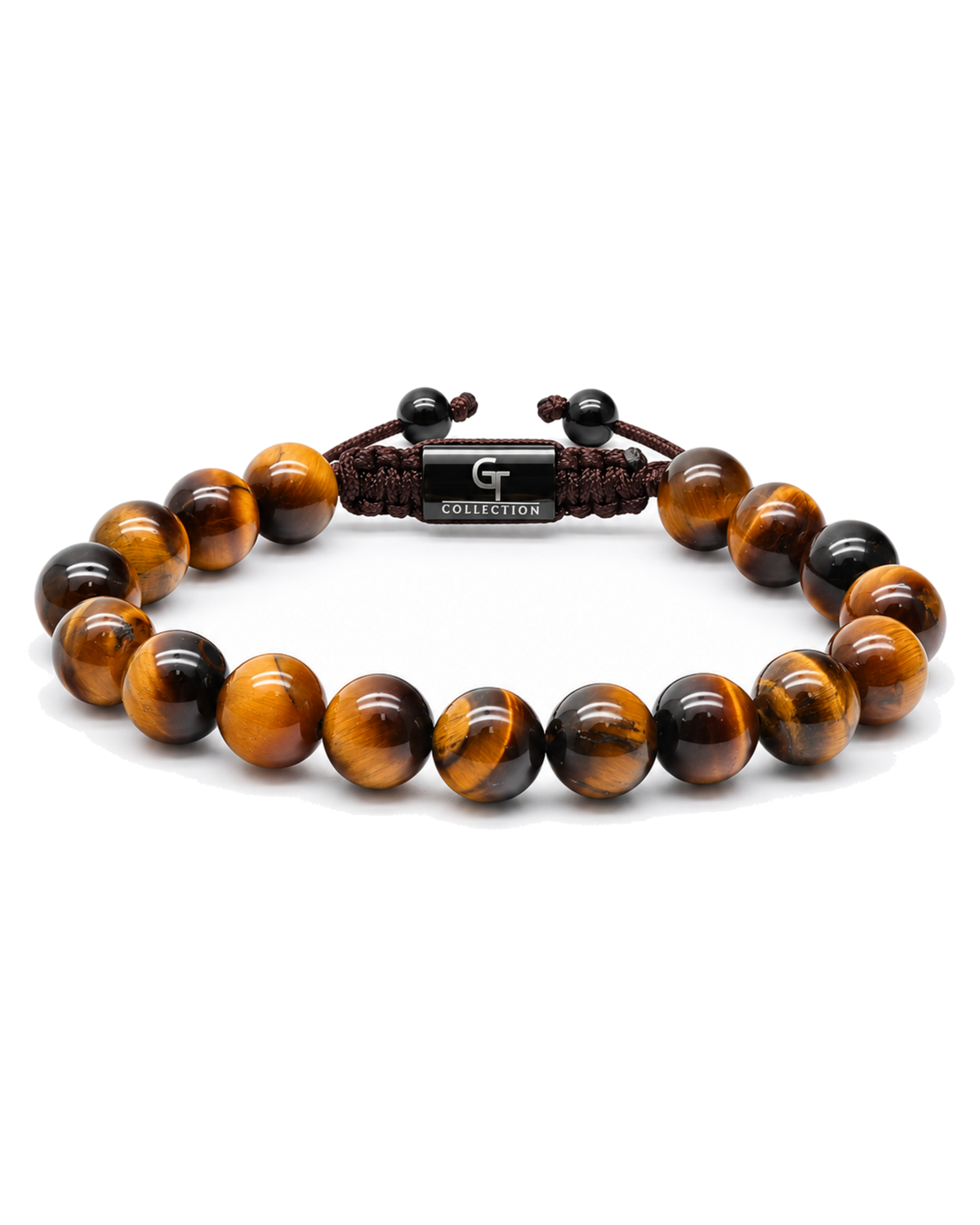 Tiger eye bead bracelet with dark braided cord and center clasp detail Image principale du produit
