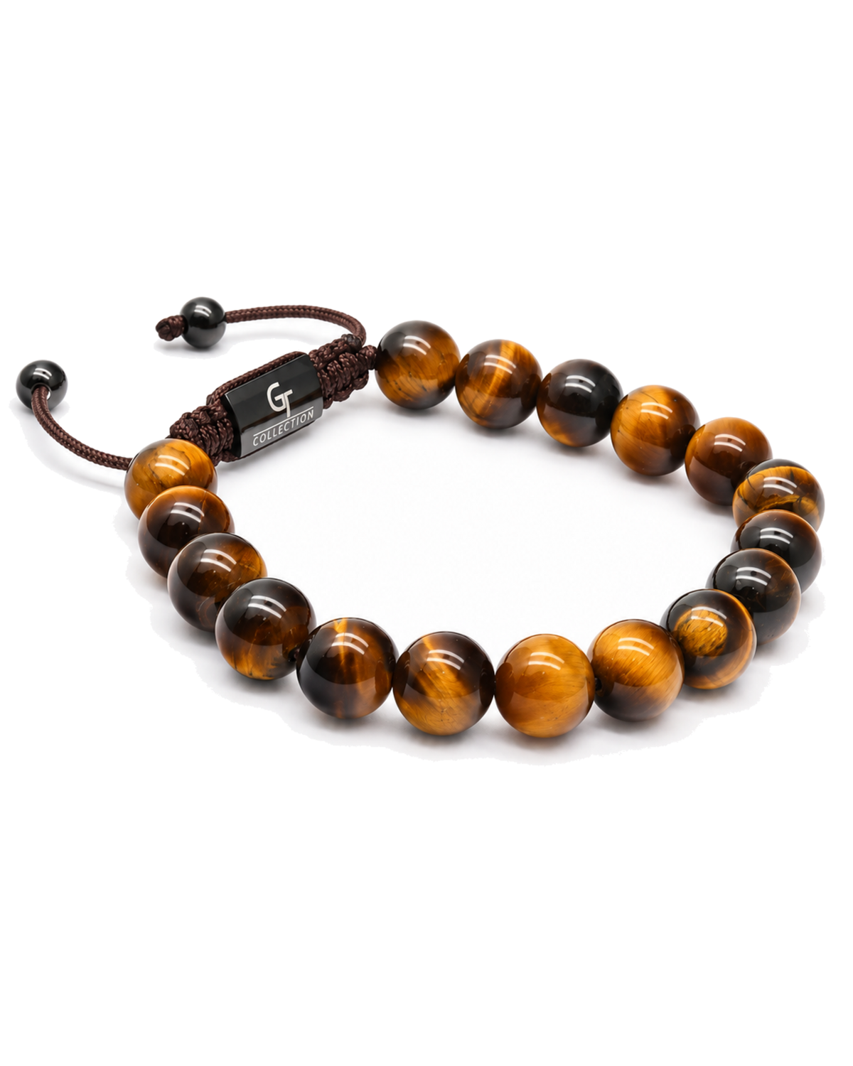 Tiger eye bead bracelet with dark cord tie and G COLLECTION style center plaque