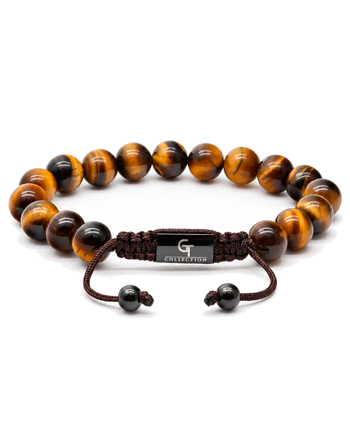 Single-row tiger eye bead bracelet with braided cord and engraved center tag