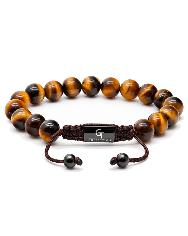Single-row tiger eye bead bracelet with braided cord and engraved center tag