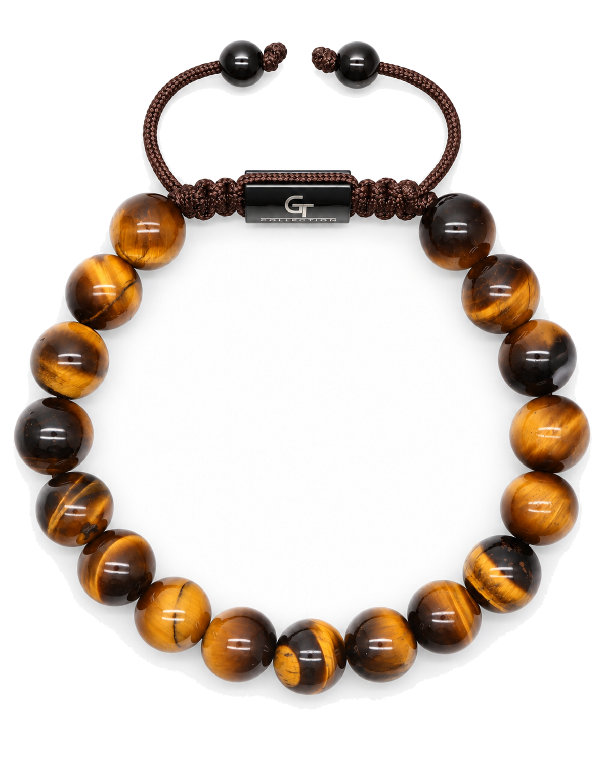 Tiger eye bead bracelet with dark braided cord, black bead ends, and center plaque
