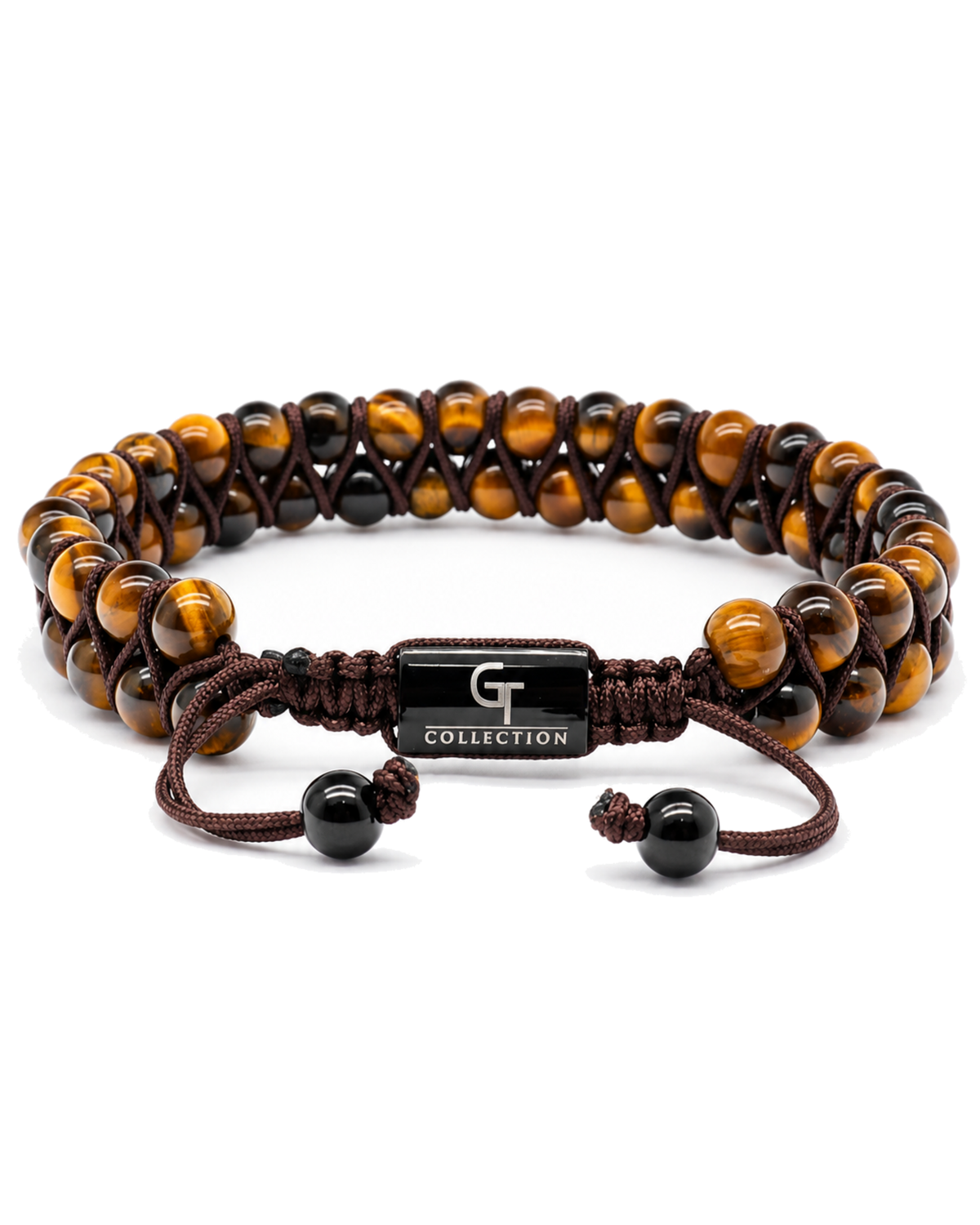 Tiger eye bead double-row bracelet with dark braided strap and black accent beads