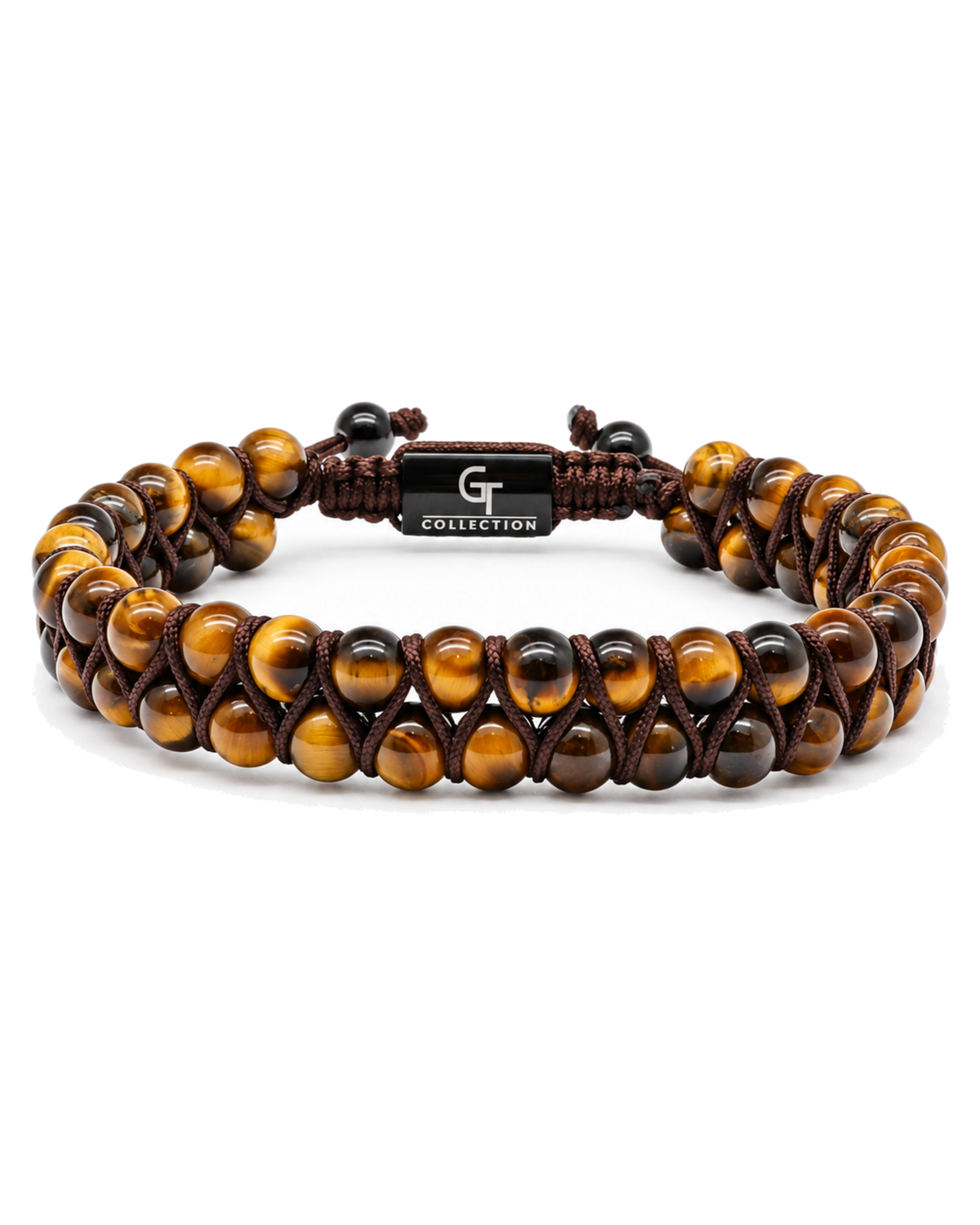 Men's double bead tiger eye bracelet with black cord and bead accents