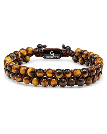 Men's double bead tiger eye bracelet with black cord and bead accents
