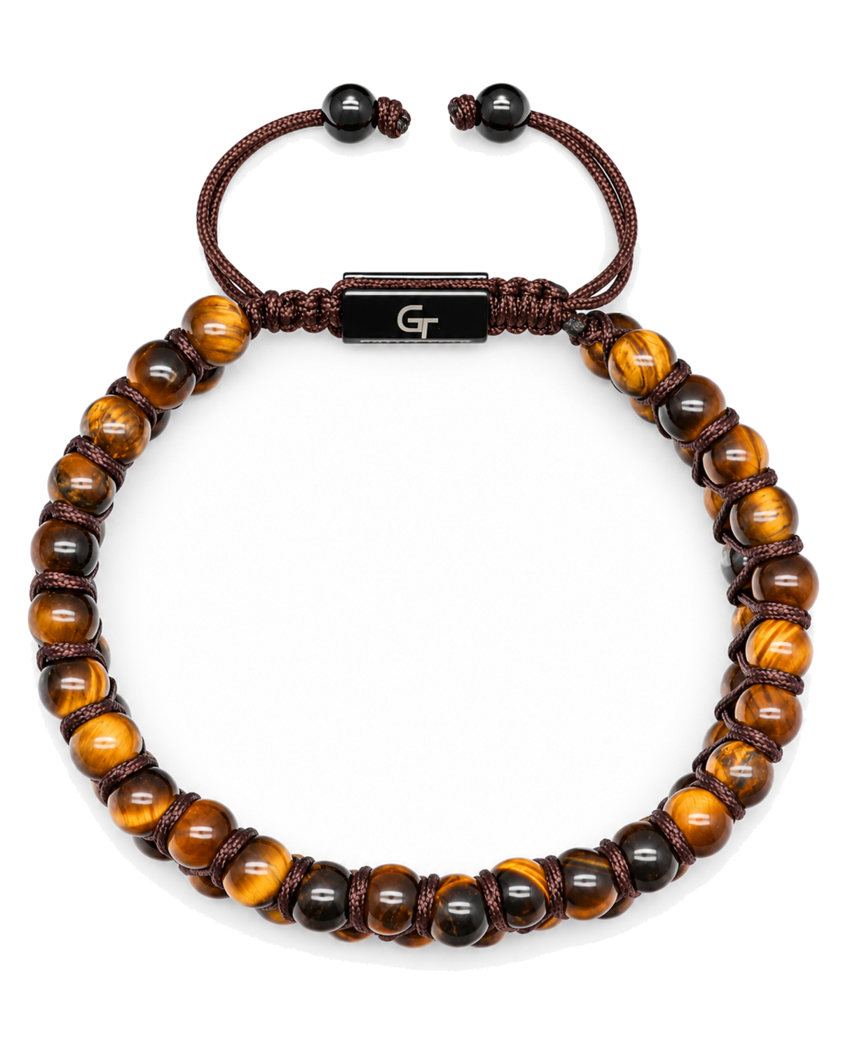 Tiger eye beaded bracelet with dark cord and black G Collection center tag