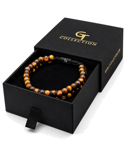 Tiger eye bead bracelet with dark cord and black G Collection plate