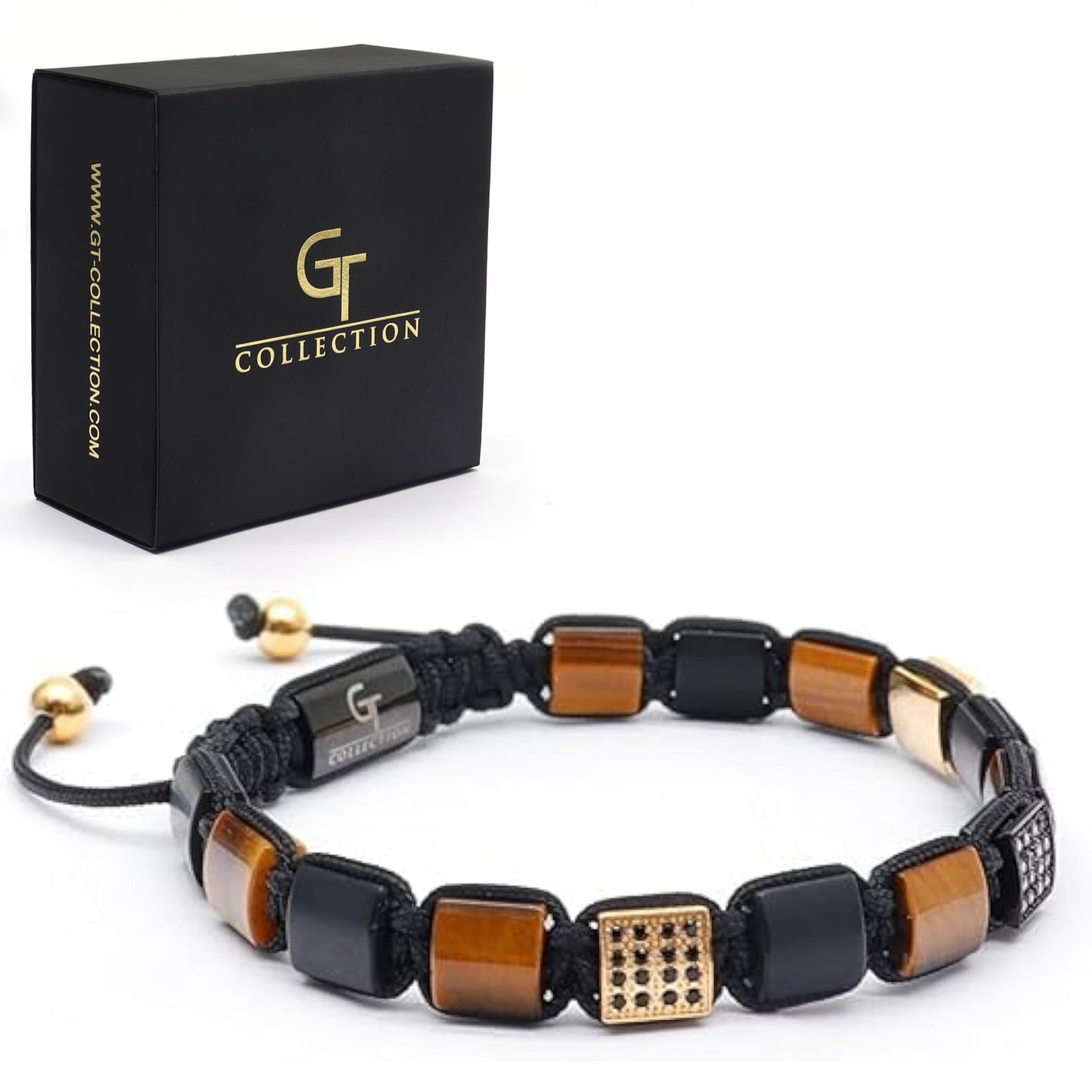 Pulsera de cuentas planas OJO DE TIGRE, ÓNIX MATE para hombre