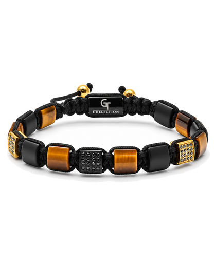 Black cord bead bracelet with tiger eye and black onyx beads, gold spacers, G clasp