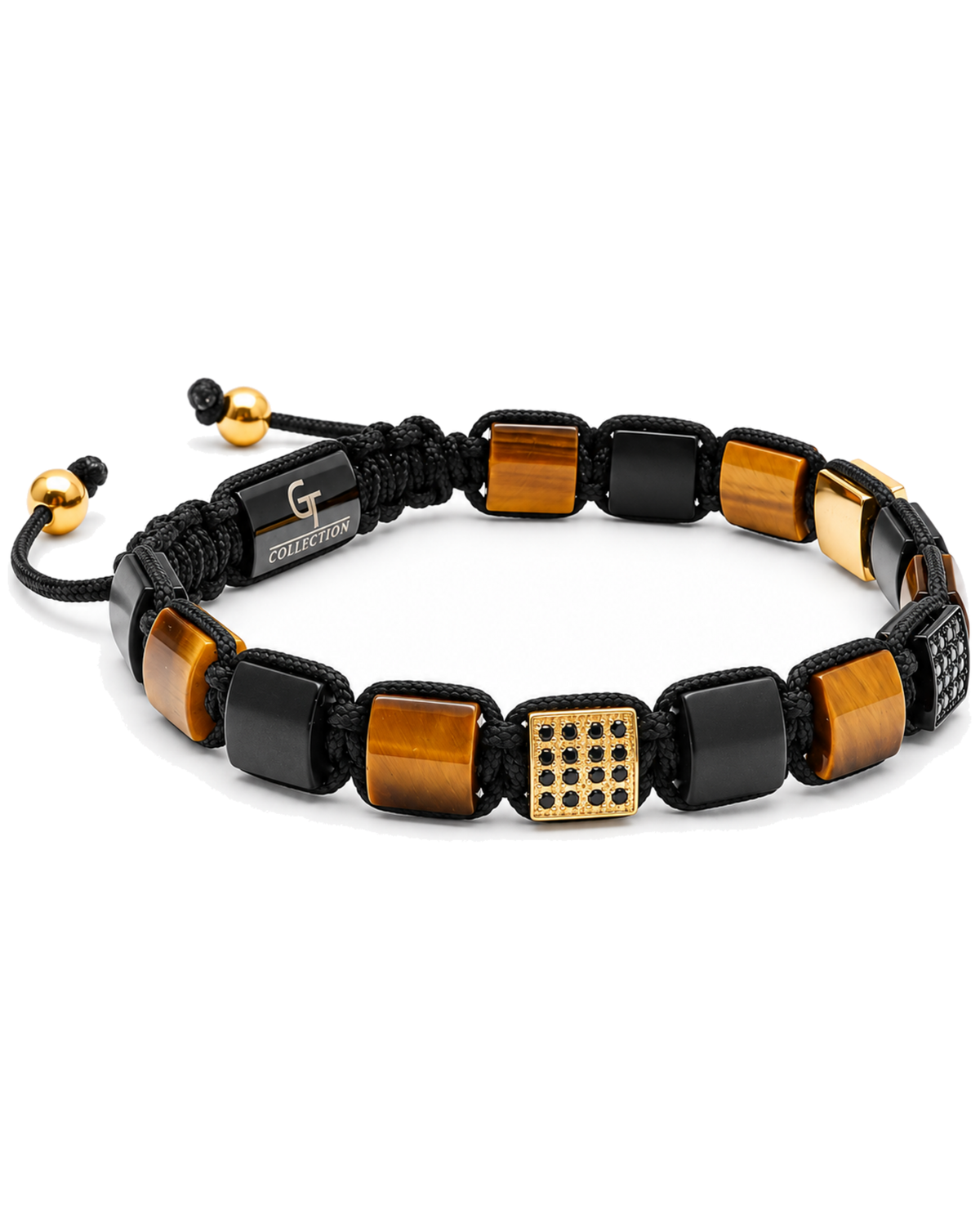 Black cord tiger eye and black onyx bead bracelet with gold square accent, G logo