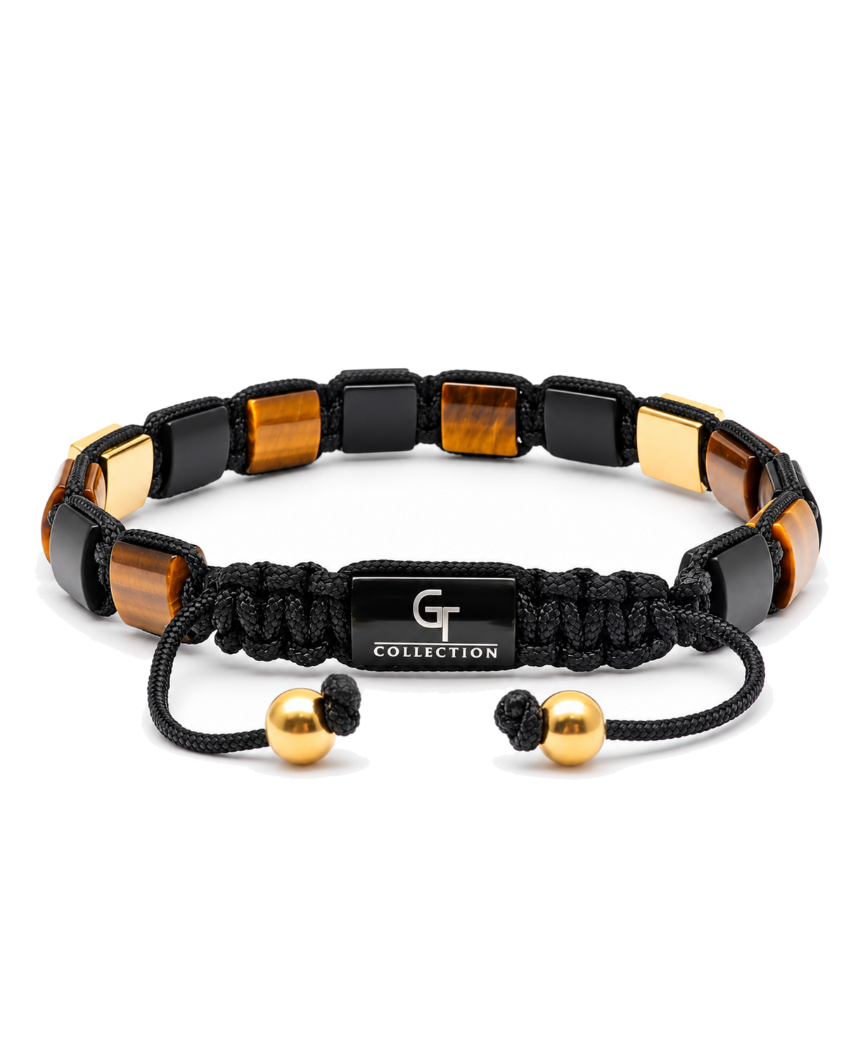 Black cord bracelet with tiger eye beads and black onyx segments, gold beads, G logo