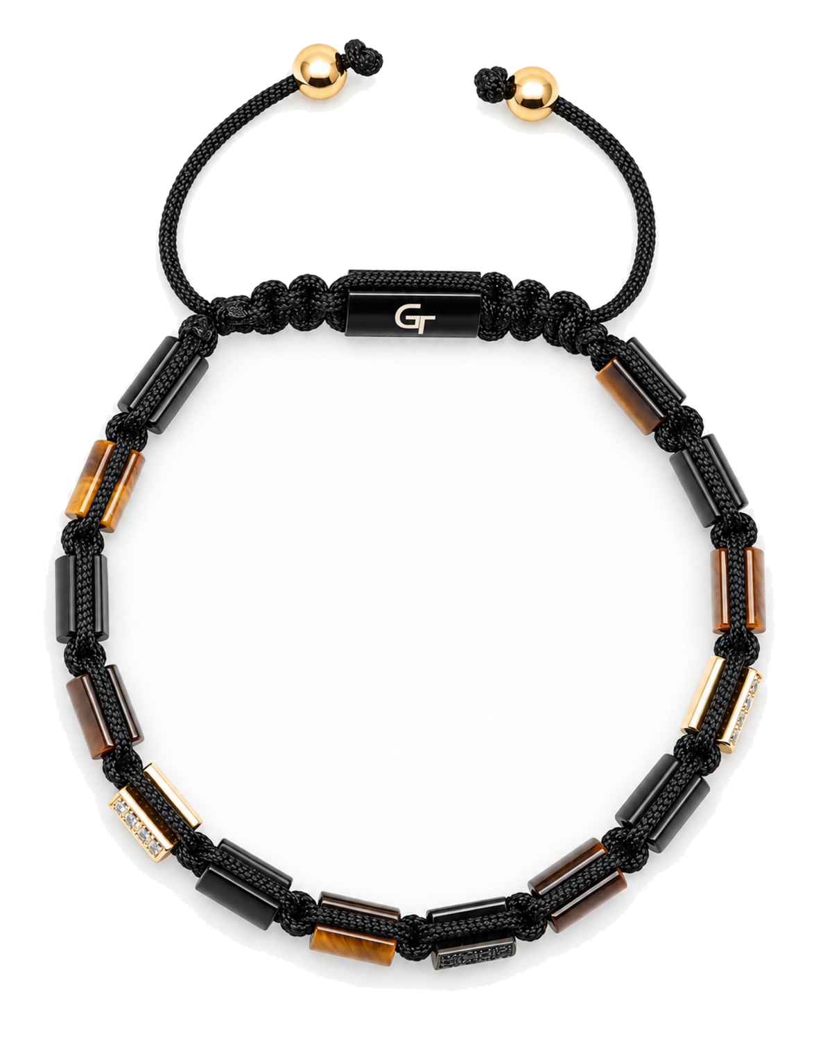Black cord bracelet with tiger eye cube beads and onyx beads, gold caps, adjustable fit