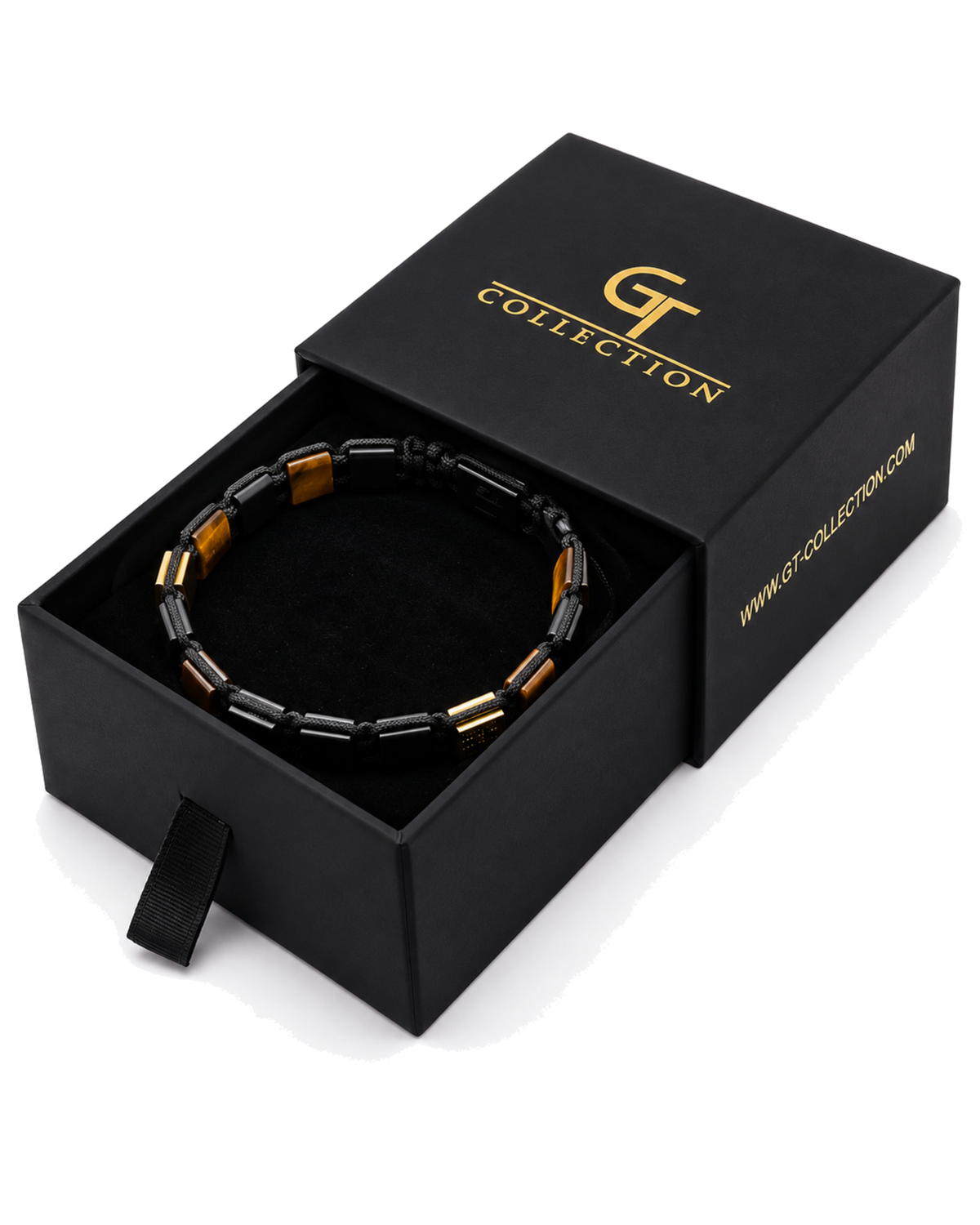 Bead bracelet in gift box: black cord with tiger eye and black onyx beads, gold accents