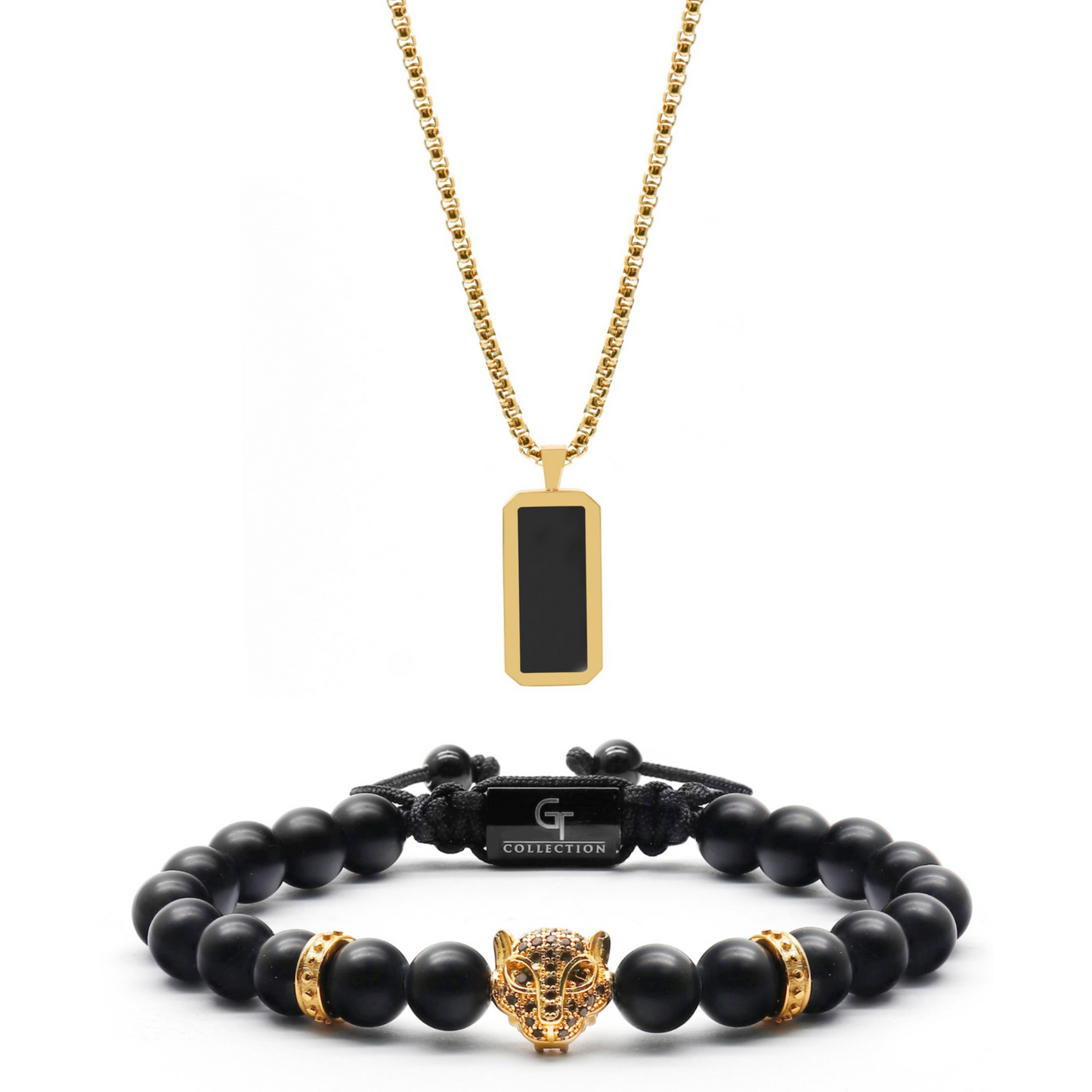 2 PIECE SET - Golden Necklace with ONYX & LEOPARD Bracelet