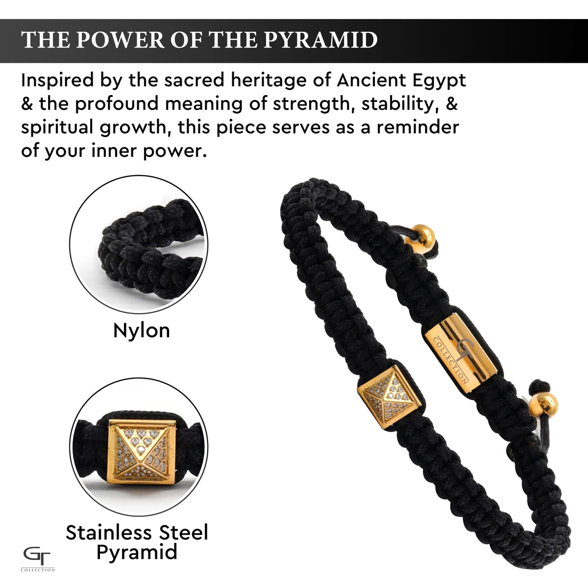 Black cord bracelet with gold pyramid charm and gold logo bar, bead ends