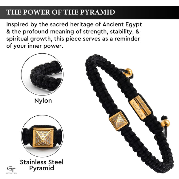 Black cord bracelet with gold pyramid charm and gold logo bar, bead ends