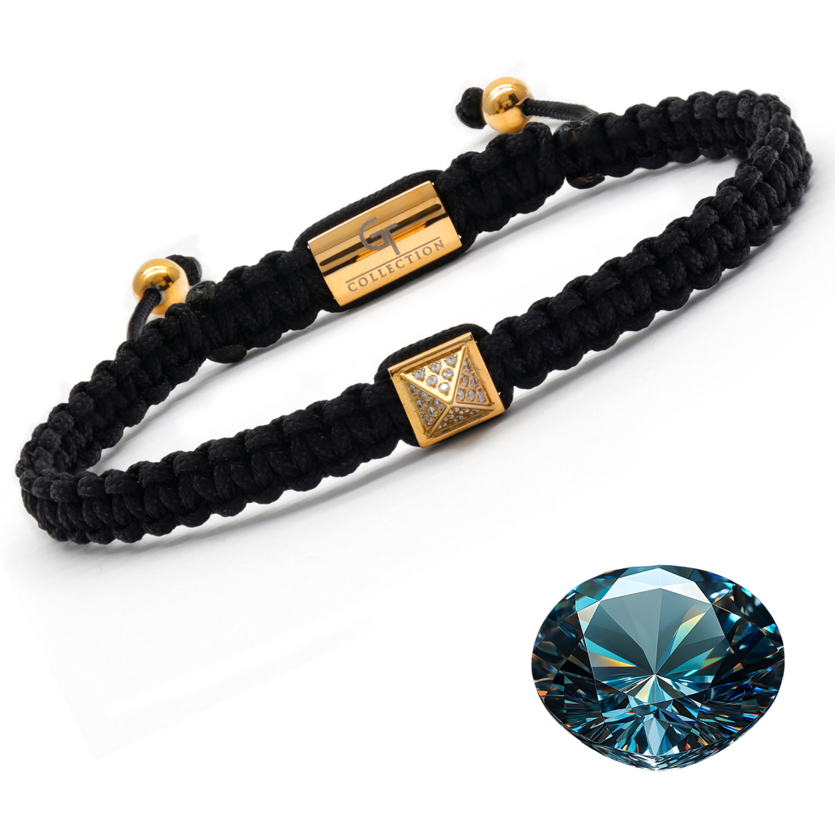 Black cord bracelet with gold bar and square pyramid charm, close-up view
