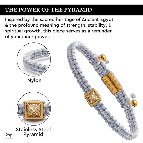 Men's pyramid bracelet with light gray cord and gold pyramid accents with bead ends