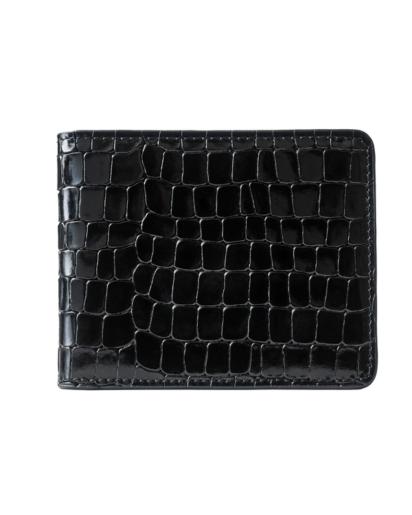 Black croc-embossed leather wallet back, glossy scale pattern with edge stitching.