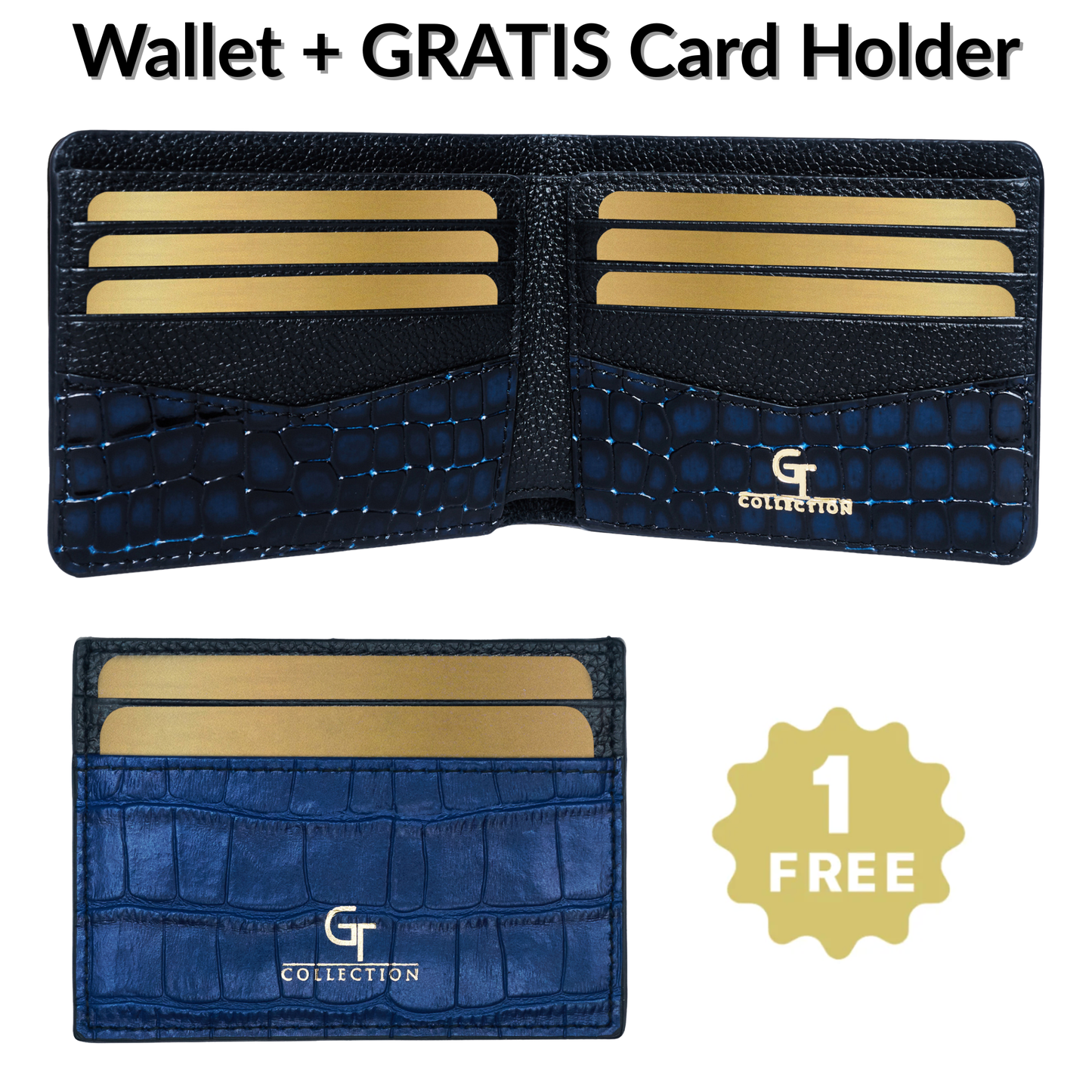Men's Blue Leather WALLET + Free Leather CARD HOLDER - Gift Set