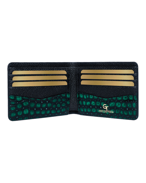 Bifold wallet open: green croc pattern with black interior and card slots.