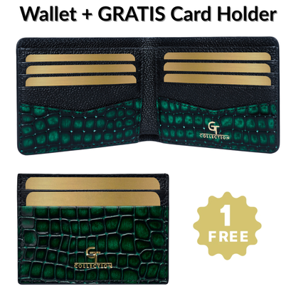 Men's Green Leather WALLET + Free Leather CARD HOLDER - Gift Set