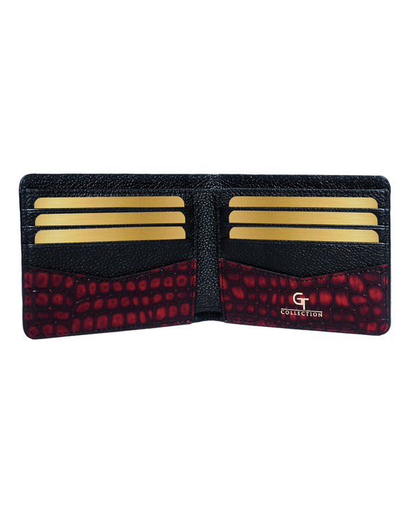 Open red croc-embossed leather wallet with two card-slot rows and gold logo.