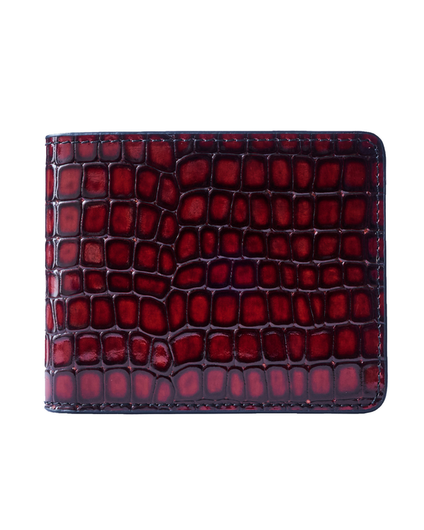 Red croc-embossed leather wallet front with contrast stitching and structured top edge.