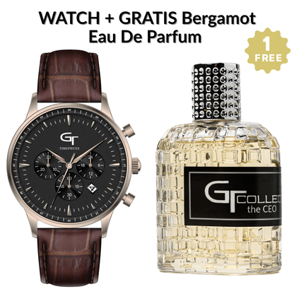 Elegant Men's Watch Brown + Free Bergamot Perfume - Gift Set