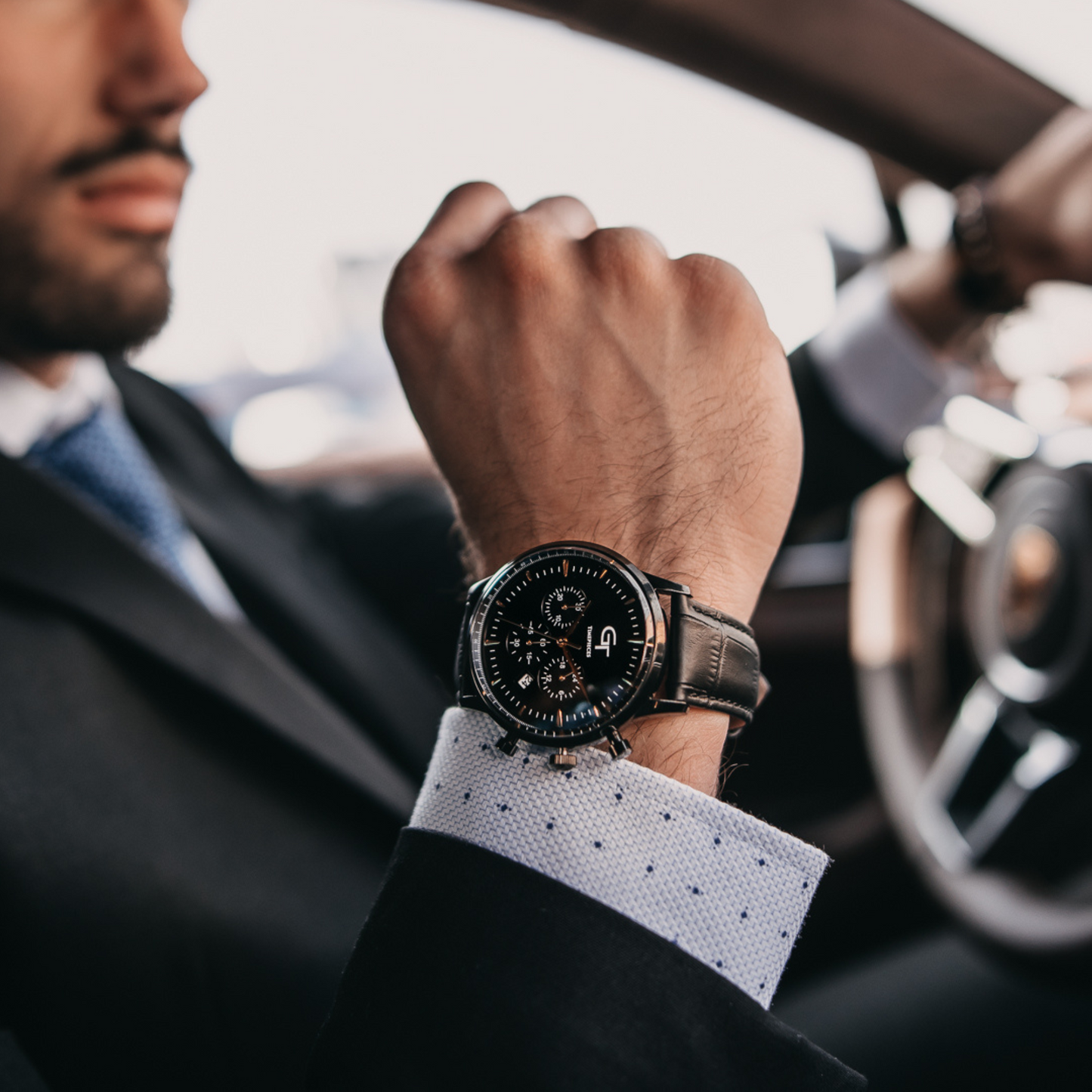 Men's Watch - Black Leather Strap - Black Watch Face