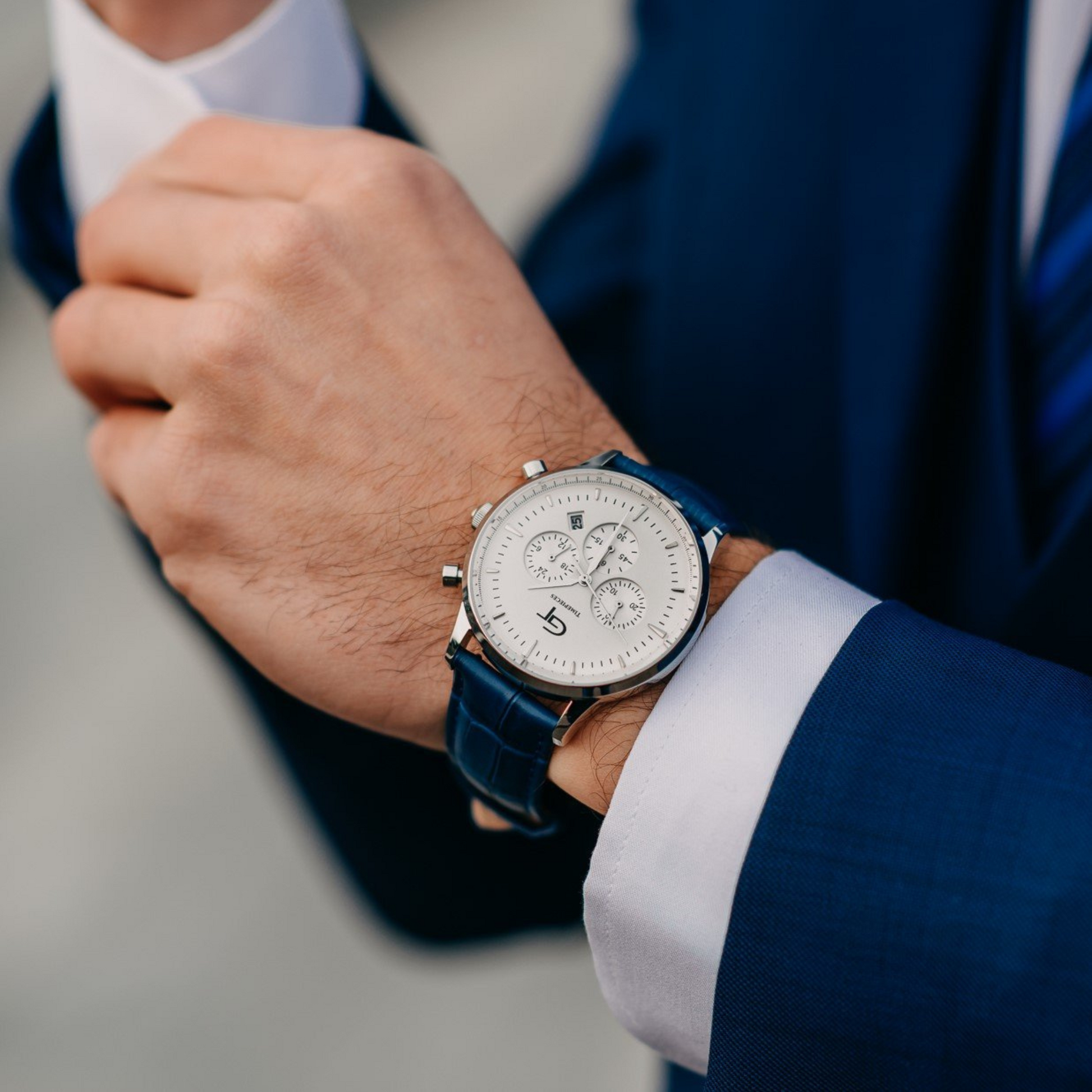 Men s Watch Blue Leather Strap White Watch Face GT collection