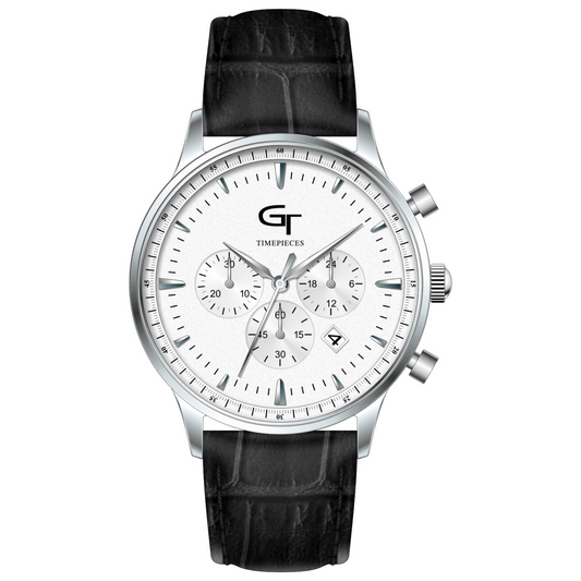 Men's Watch - Black Leather Strap - White Watch Face