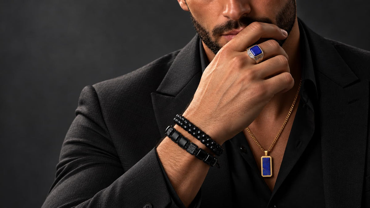 Man wearing GT Collection natural gemstone bead bracelets for men