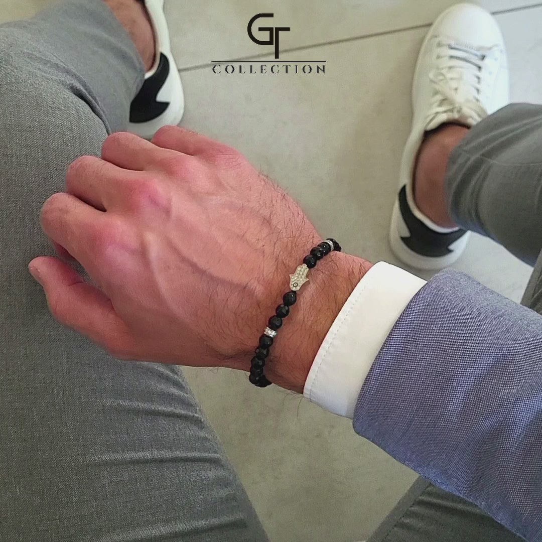 Men's BLACK ONYX Bracelet with Silver HAMSA Hand – GT collection