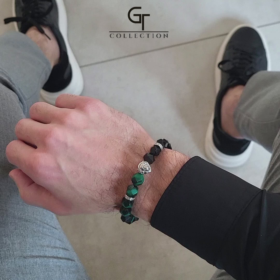 Bracelet homme œil de tigre vert, onyx et tête de lion en argent