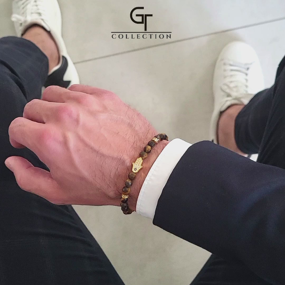 Bracelet ŒIL DE TIGRE pour homme avec main HAMSA dorée