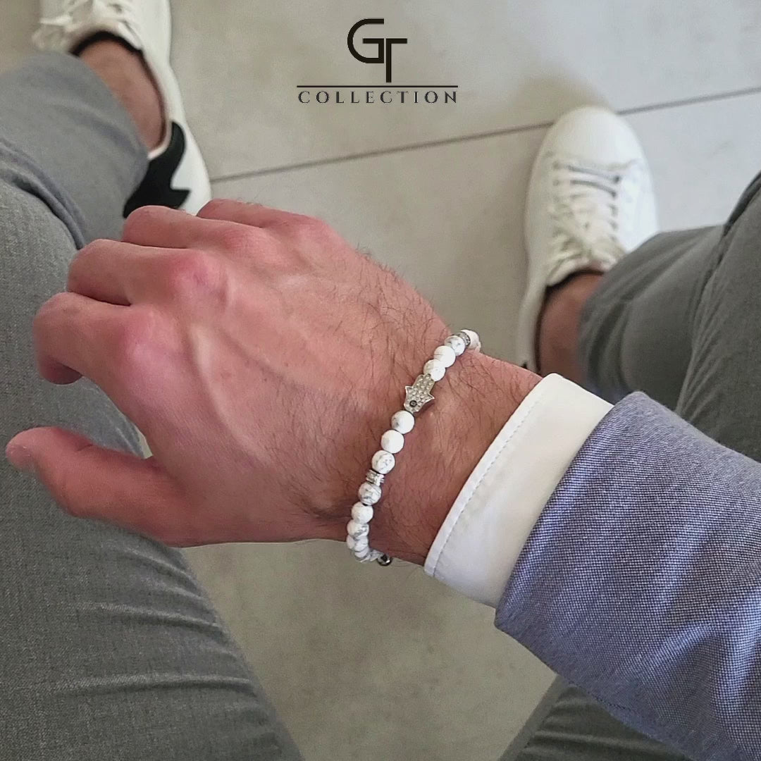 Bracelet HOWLITE pour homme avec main HAMSA en argent