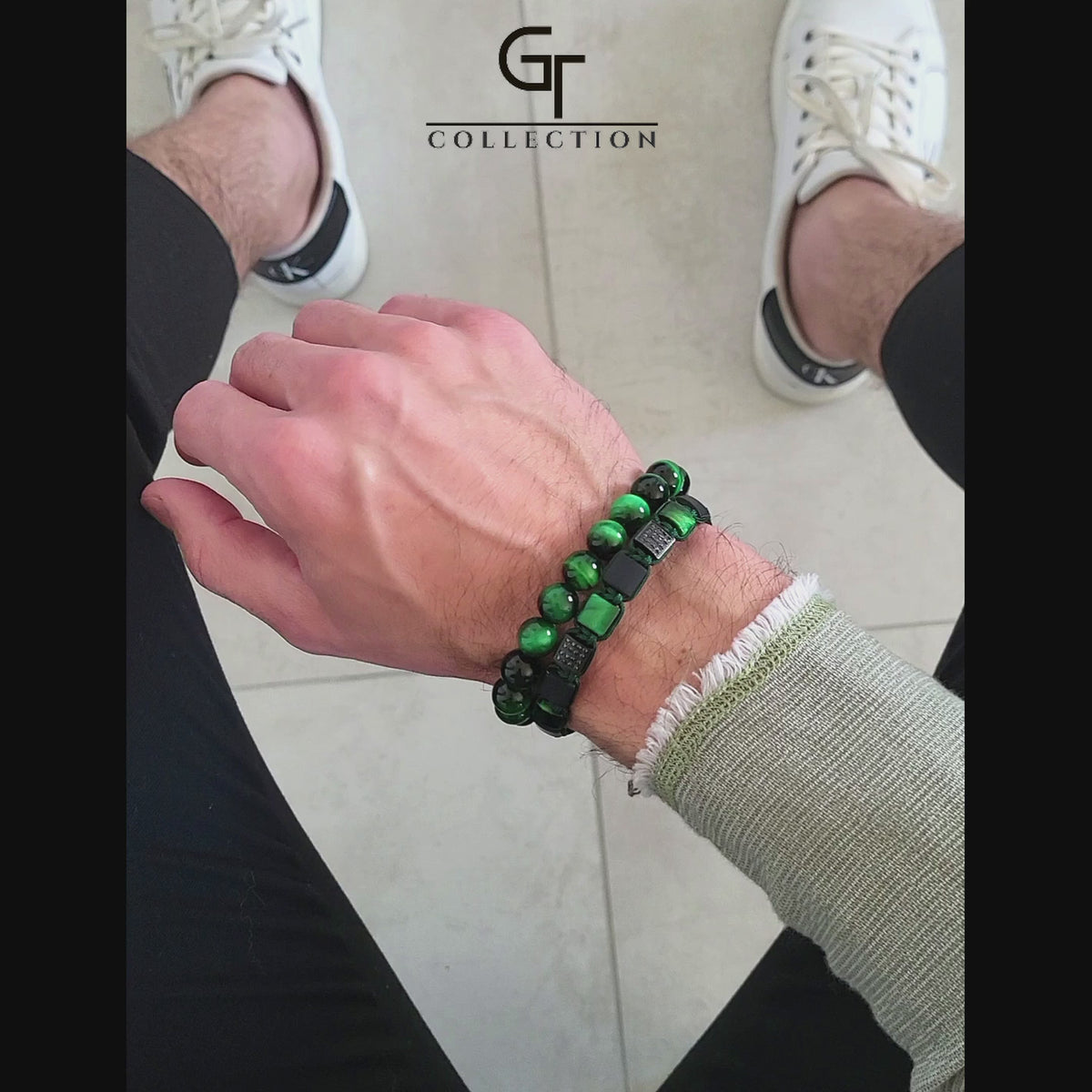 Green Tiger Eye & Black Onyx Flat Bead Bracelet