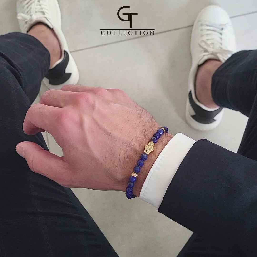 Men's LAPIS LAZULI Bracelet with Golden HAMSA Hand – GT collection