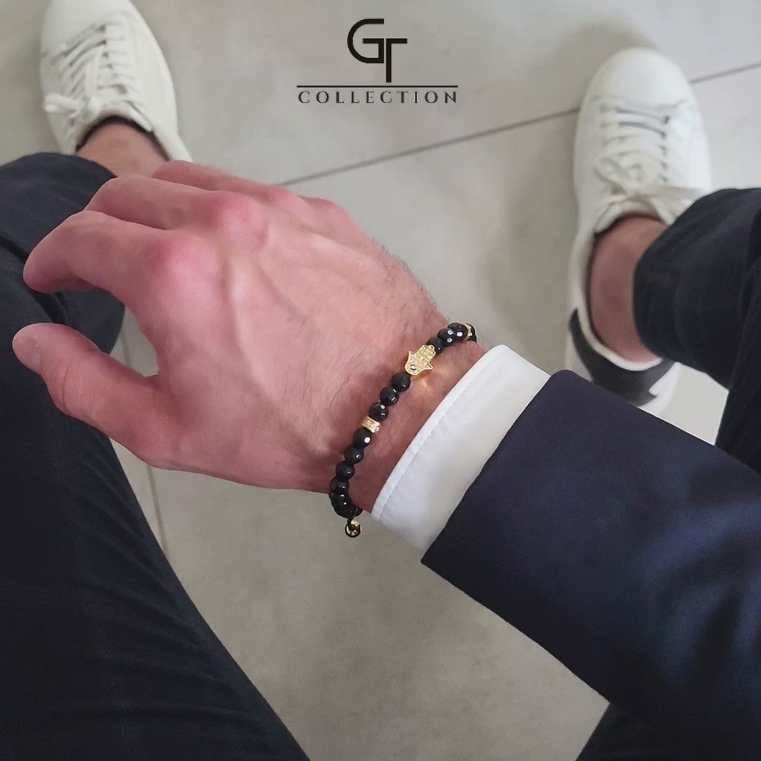 Men's BLACK ONYX Bracelet with Golden HAMSA Hand – GT collection